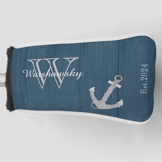 Rustic Wood Nautical Blue Anchor Monogram Golf Headcover (Vorderseite)