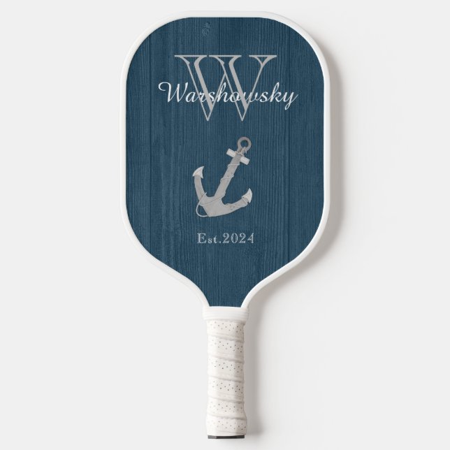 Rustic Wood Nautical Blue Anchor Monogram Pickleball Schläger (Vorderseite)