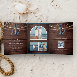 Rustic Wood Navy Blue Anchor QR Code Hochzeit Dreifach Gefaltete Einladung