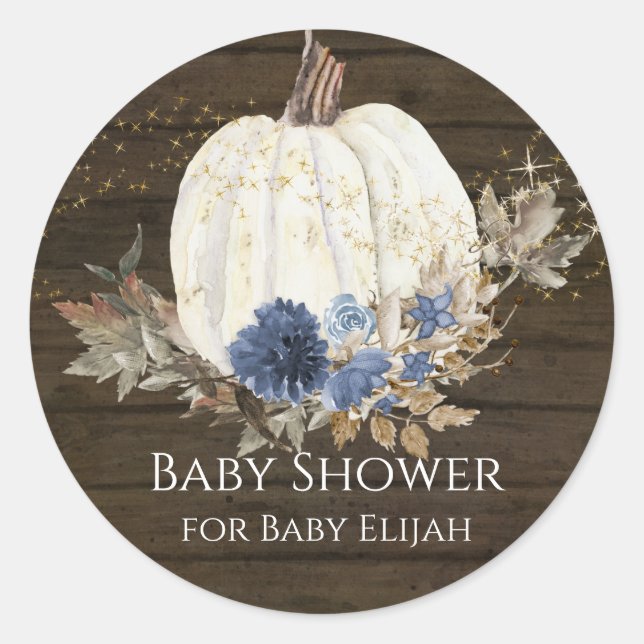 Rustic Wood Navy Blue Floral Pumpkin Baby Dusche Runder Aufkleber (Vorderseite)