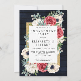 Rustic Wood Navy Burgundi Gold Engagement Party Einladung