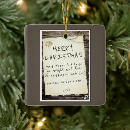 Rustic Wood Old Paper Script Frohe Weihnachten Keramikornament