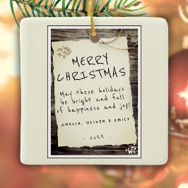 Rustic Wood Old Paper Script Frohe Weihnachten Keramikornament