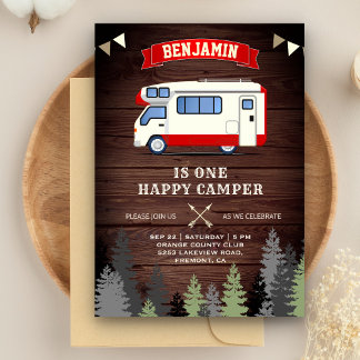 Rustic Wood One Happy Camper 1. Geburtstag Party Einladung