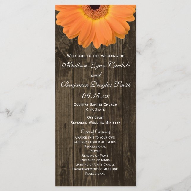 Rustic Wood Orange Gerber Daisy Wedding Programs Programm (Vorderseite)