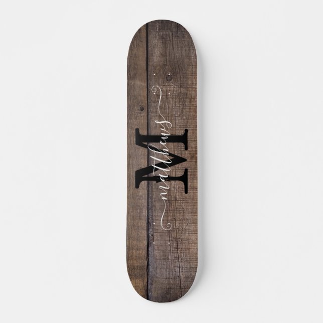 Rustic Wood Pattern Monogram Script Name Skateboard (Vorne)