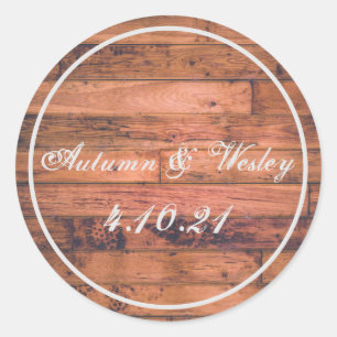 Rustic Wood Personalize Name Date Runder Aufkleber