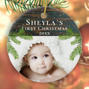 Rustic Wood Pine Baby - Erstes Weihnachtsfest-Foto Keramik Ornament