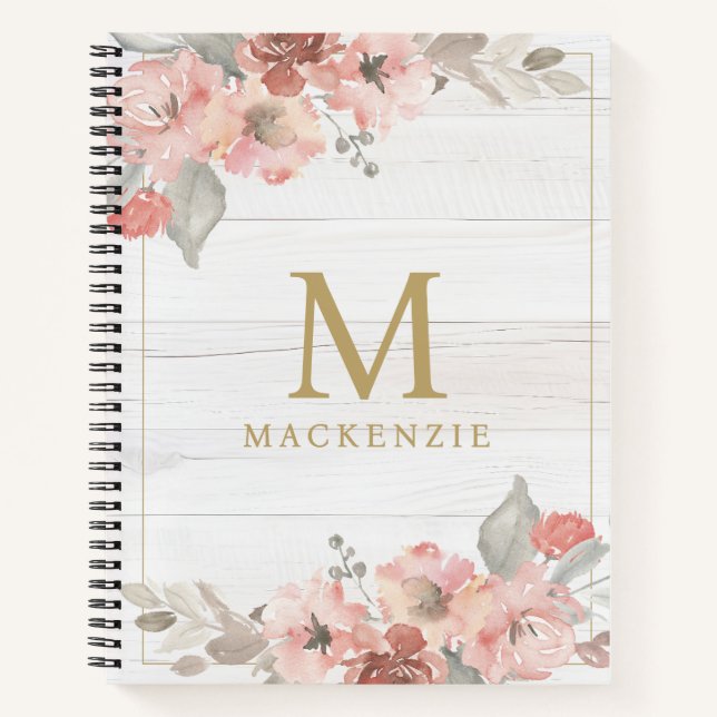 Rustic Wood Pink Floral Watercolor Monogram Notizbuch (Vorderseite)