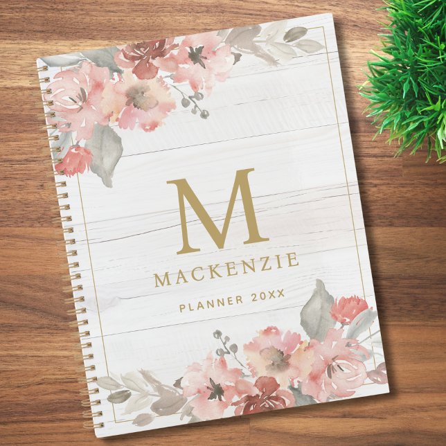 Rustic Wood Pink Floral Watercolor Monogram Planer (Von Creator hochgeladen)