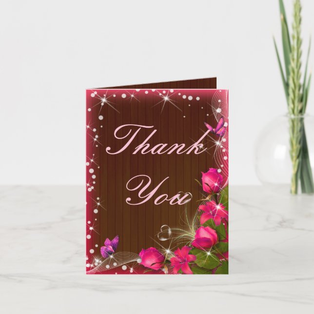 Rustic Wood Pink Floral Wedding Vielen Dank Karte (Vorderseite)