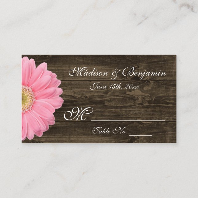 Rustic Wood Pink Gerber Daisy Wedding Platzkarten (Vorderseite)