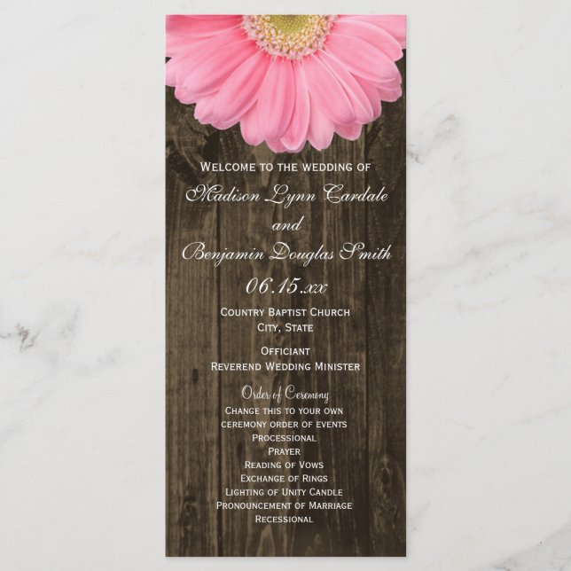 Rustic Wood Pink Gerber Daisy Wedding Programs Programm (Vorderseite)