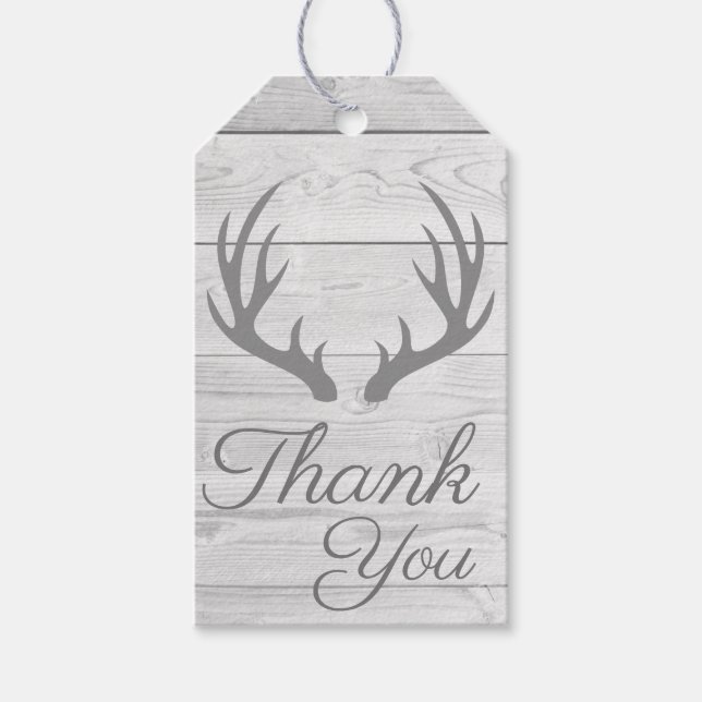 Rustic Wood Planks Gray Deer Antlers Vielen Dank Geschenkanhänger (Vorderseite)