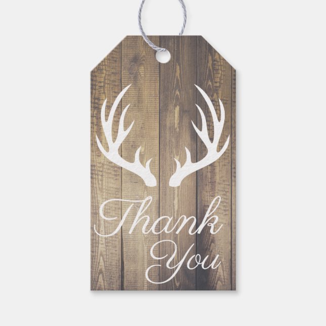 Rustic Wood Planks White Deer Antlers Vielen Dank Geschenkanhänger (Vorderseite)