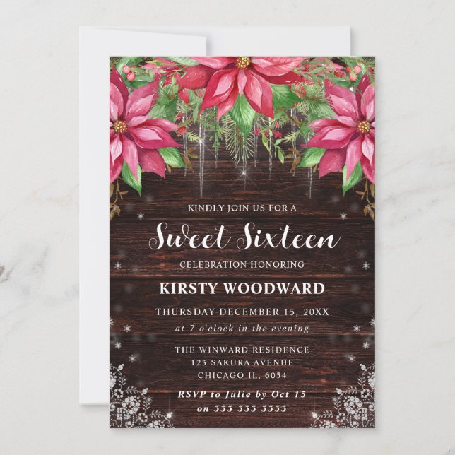 Rustic Wood & Poinsettia Sweet Sixteen Einladung (Vorderseite)