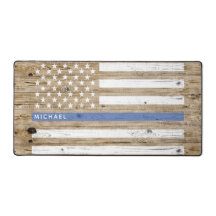 Rustic Wood Print Thin Blue Line USA Flag Monogram