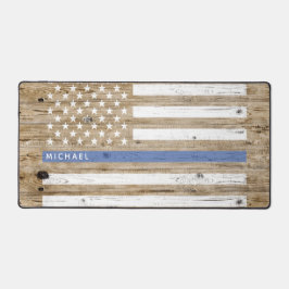 Rustic Wood Print Thin Blue Line USA Flag Monogram Schreibtischunterlage