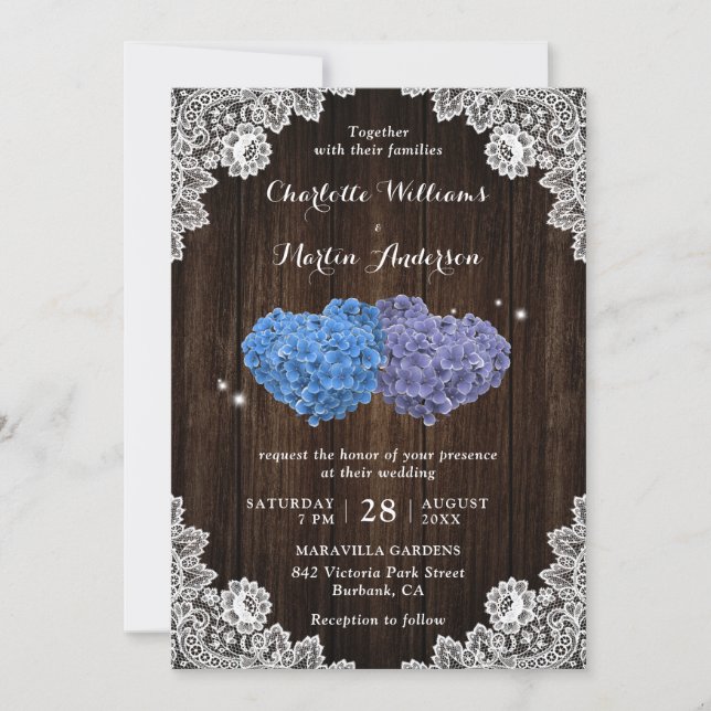 Rustic Wood Purple and Blue Floral Hearts Wedding Einladung (Vorderseite)