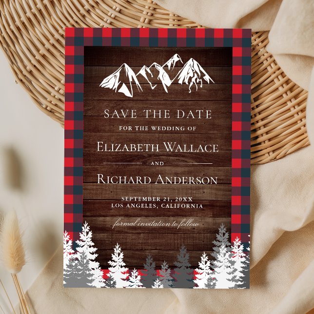Rustic Wood Red Buffalo Plaid Mountain Wedding Save The Date (Von Creator hochgeladen)