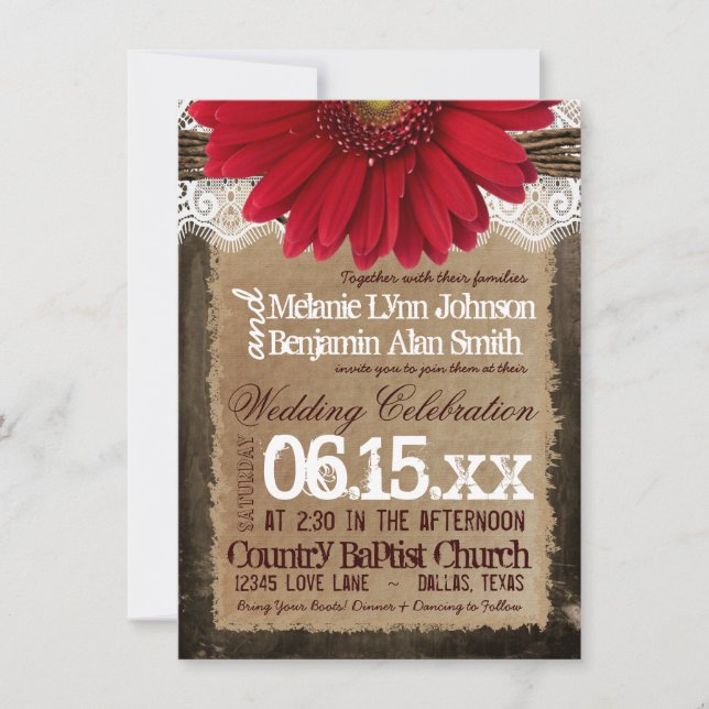 Rustic Wood Red Daisy Country Wedding Einladungen (Vorderseite)