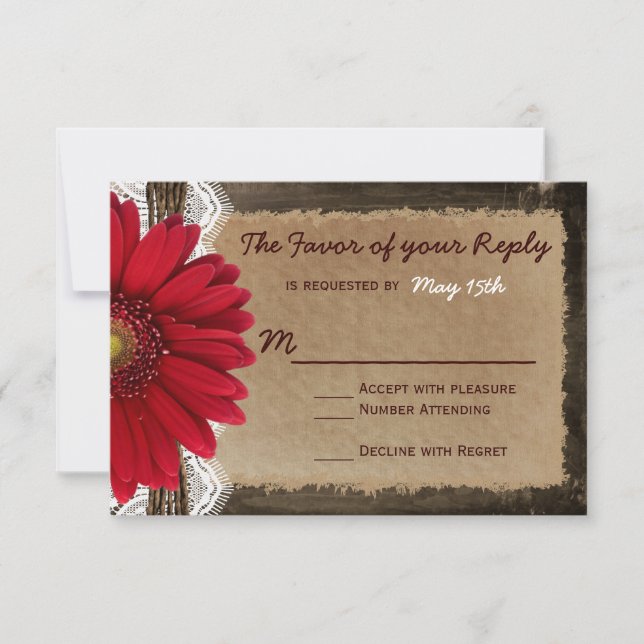 Rustic Wood Red Daisy Country Wedding RSVP Cards (Vorderseite)