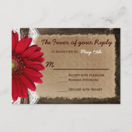 Rustic Wood Red Daisy Country Wedding RSVP Cards Karte