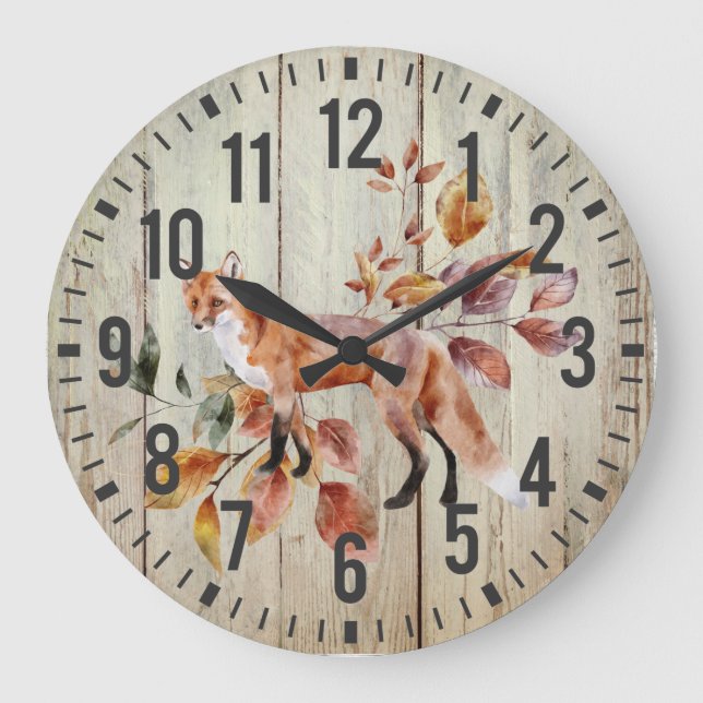 Rustic Wood Red Fox Fall Foliage Große Wanduhr (Vorderseite)