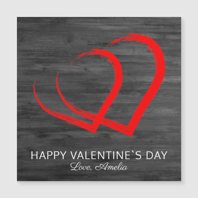 Rustic Wood Red Heart Happy Valentine Day Card Magnetkarte (Vorderseite)