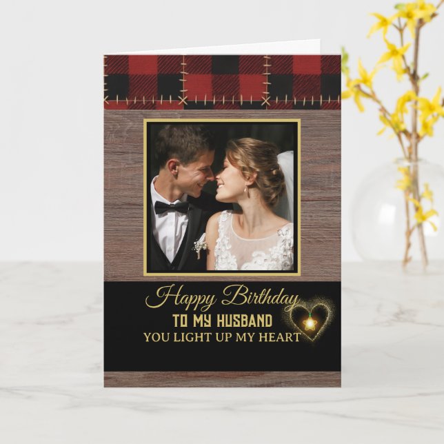 Rustic Wood Red Plaid Happy Birthday my Husband  Karte (Gelbe Blume)