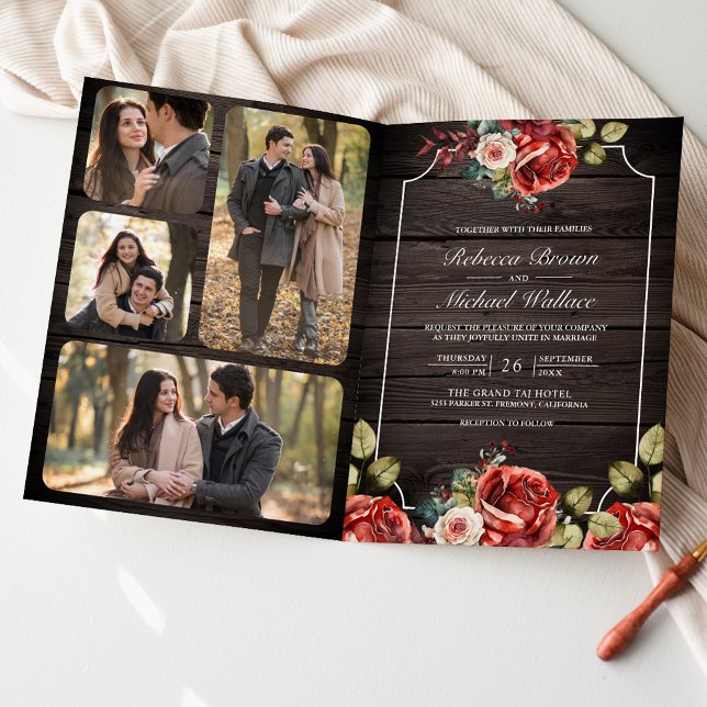 Rustic Wood Red Roses Floral Frame QR Code Wedding Einladung (Von Creator hochgeladen)