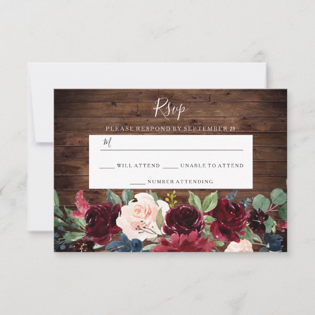 Rustic Wood Red Wine Burgundy Wedding RSVP Karte (Vorderseite)