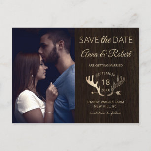 Rustic Wood Rose Gold Antlers Foto Save the Date Einladungspostkarte