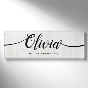 Rustic Wood Script Calligraphy Mitarbeiter Name Ta Namenschild