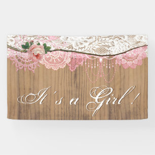 Rustic Wood Shabby Chic Lace Girl Babydusche Banner