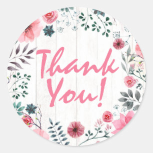 Rustic Wood Shabby Chic Pink Roses Vielen Dank Runder Aufkleber