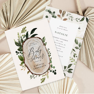 Rustic wood slice baby shower invitation save the date