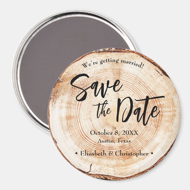 Rustic Wood Slice Custom Save the Date Wedding Magnet (Vorderseite/Rückseite)