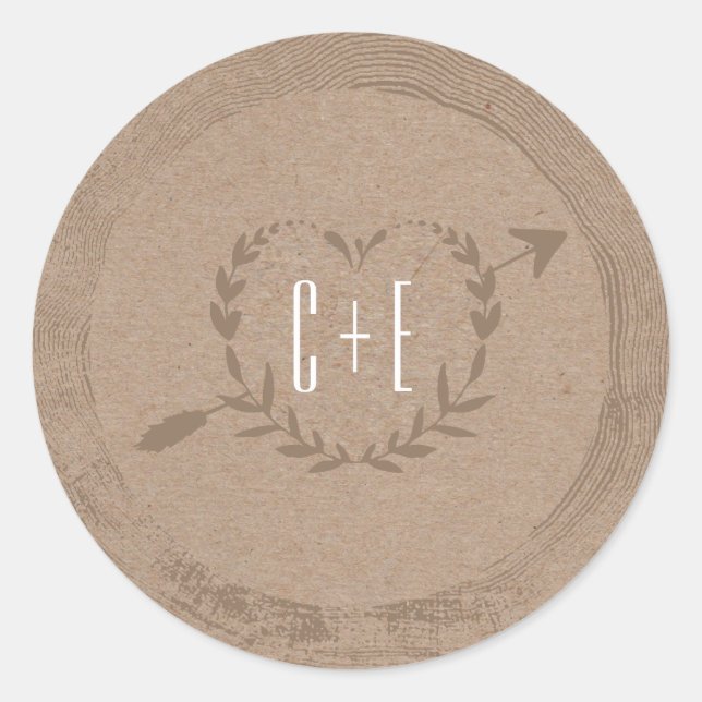 Rustic Wood Slice | Monogramm-Aufkleber Runder Aufkleber (Vorderseite)