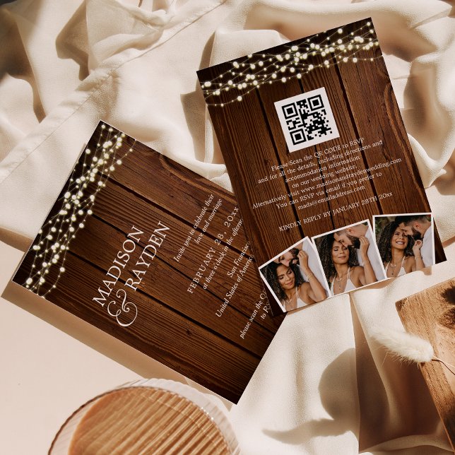 Rustic Wood String lights 3 Fotos QR Code Wedding Einladung (Von Creator hochgeladen)