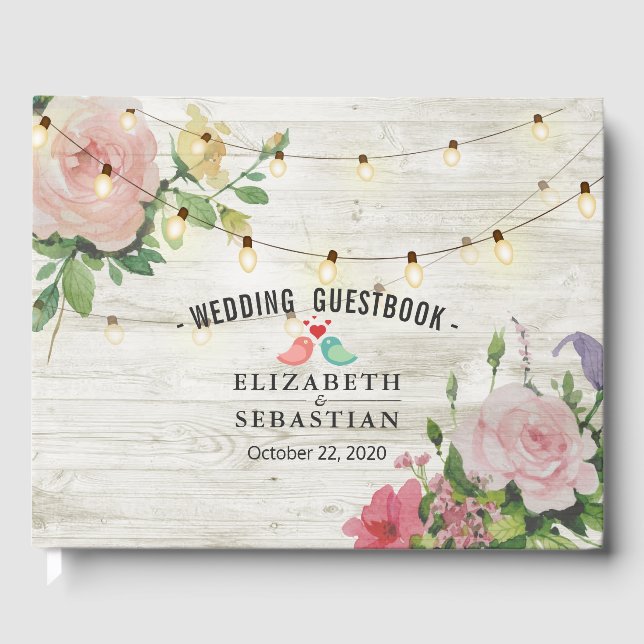 Rustic Wood String Lights Floral Wedbook Gästebuch (Vorderseite)