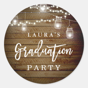 Rustic Wood String Lights Graduation Party Sticker