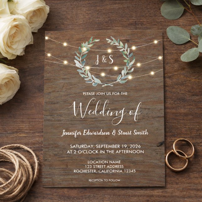 Rustic wood string lights monogram country Wedding Einladung (Rustic wood string lights monogram country Wedding Invitation. For your rustic wedding.)