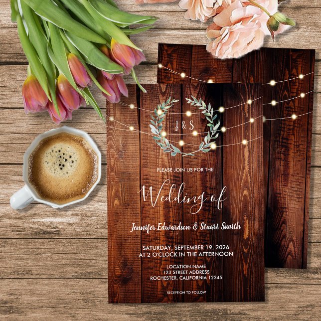 Rustic wood string lights monogram country Wedding Einladung (Rustic wood string lights monogram country Wedding Invitation. For your rustic country wedding.)