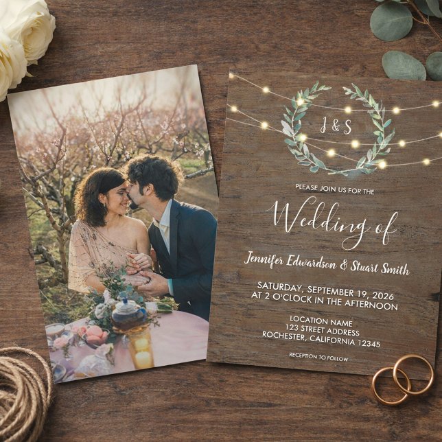 Rustic wood string lights monogram photo Wedding Einladung (Rustic wood string lights monogram photo Wedding Invitation. For your rustic country wedding.)