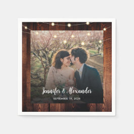 Rustic wood string lights photo wedding serviette