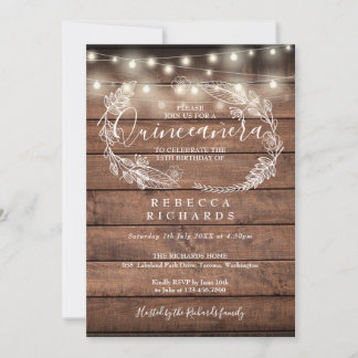 Rustic Wood String Lights Script Quinceañera 15. Einladung