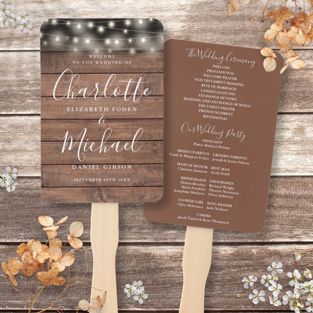 Rustic Wood String Lights Script Wedding Programm Fächer (Rustic Wood String Lights Script Wedding Program Hand Fan)