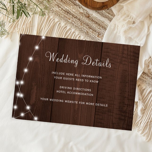 Rustic wood string lights wedding guest details begleitkarte (Von Creator hochgeladen)