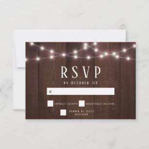 Rustic Wood String Lights Wedding RSVP Card Karte